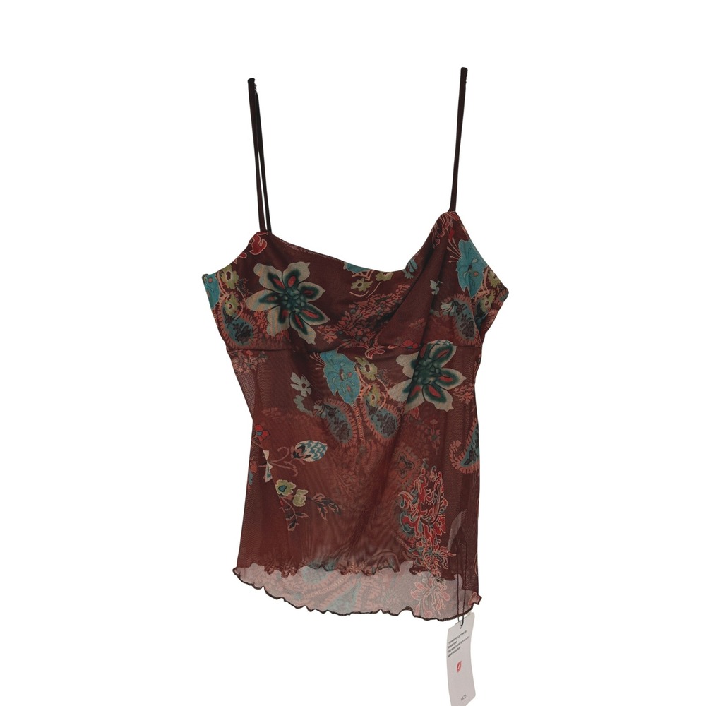 Micas Brown Sheer Sleeveless Cami Top Ruffle Hem Gremlin Floral Stretch Medium